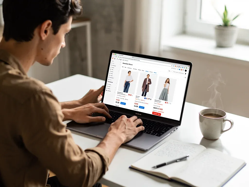 Person comparing fashion prices across multiple online stores