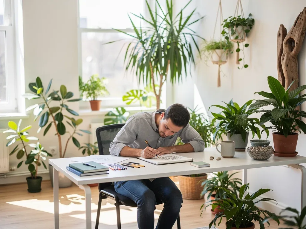 Individual engaging in a creative activity during a midday break
