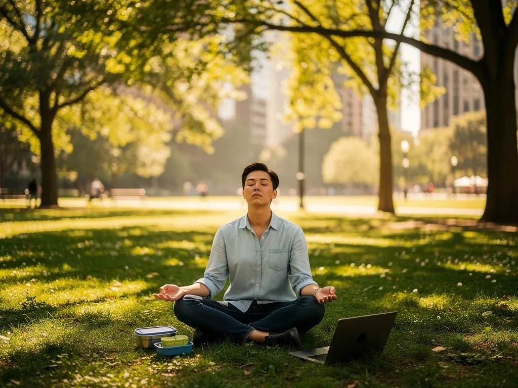 Person practicing mindfulness in a park during a midday creative pause