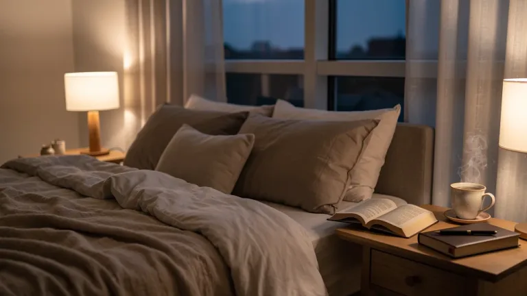 Serene evening bedroom setting with herbal tea and journal for relaxation