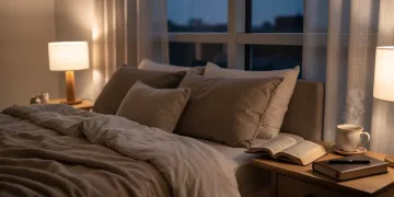 Serene evening bedroom setting with herbal tea and journal for relaxation