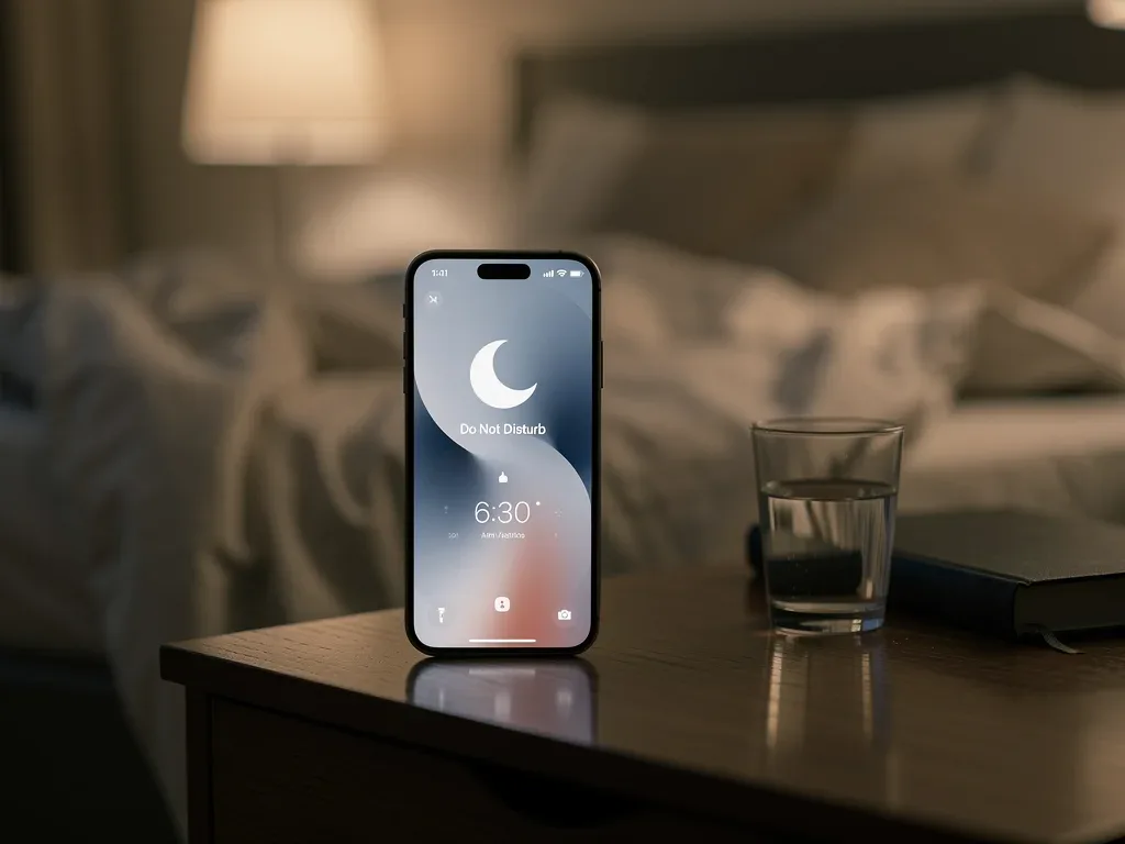 Smartphone in 'do not disturb' mode on a bedside table