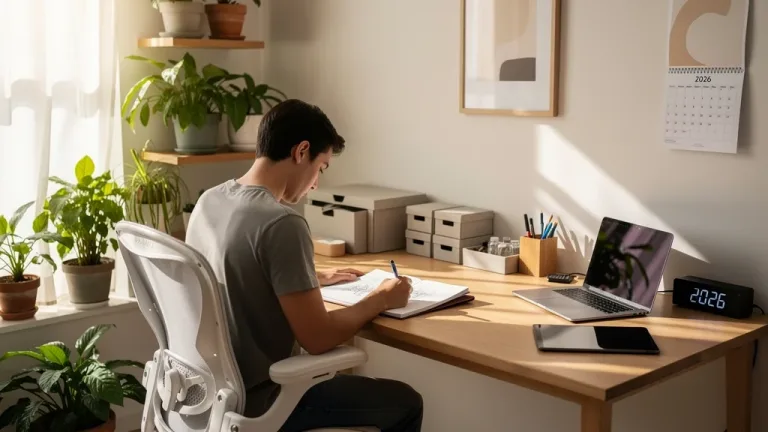 Person sketching in organized home office, embodying curated daily aesthetic for 2026