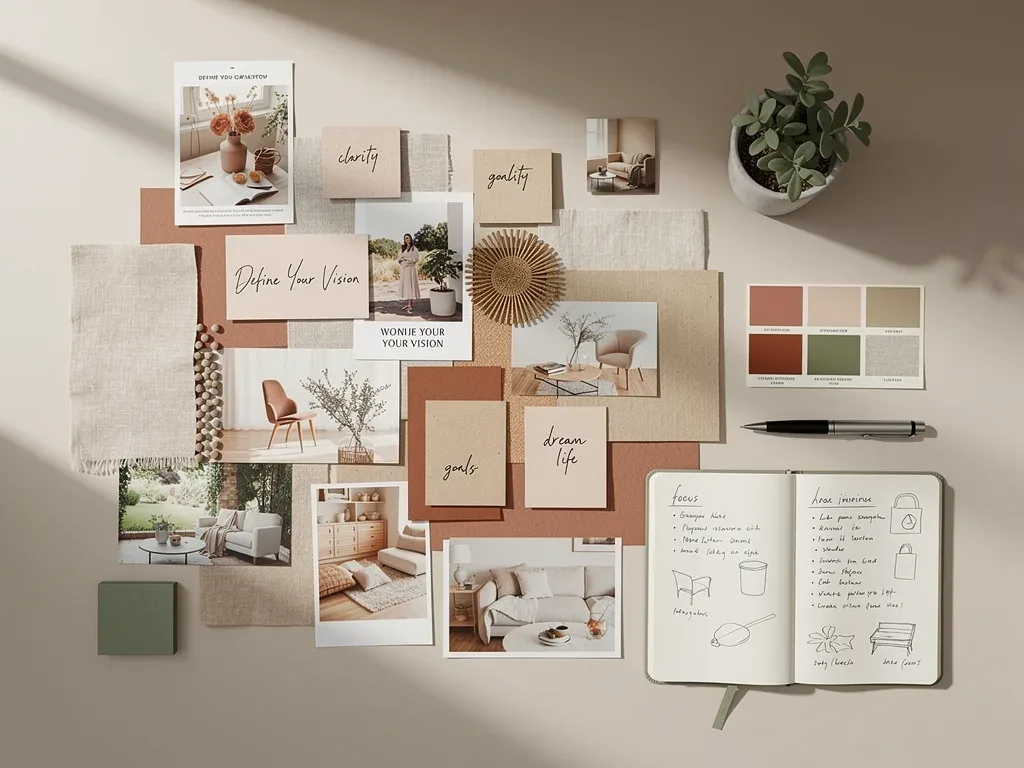 Mood board with images, textures, and colors representing personal aesthetic vision
