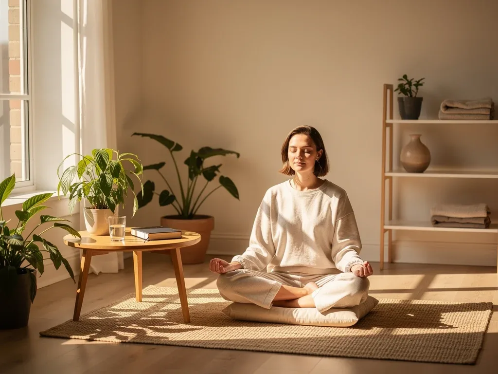 Person meditating in serene, decluttered space, integrating intentional habits