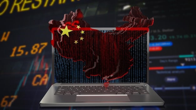 A digitally rendered image of a cyber warfare scenario in the South China Sea, depicting digital data streams overlaid on a map of the region, indicating cyberattacks and defense systems.