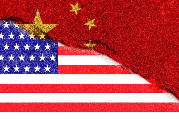 A split image showing the US flag on one side and the Chinese flag on the other, symbolizing the competition and cooperation between the two nations. The background includes elements representing trade, technology, and military power.