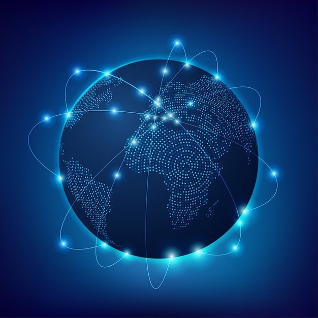 A digital representation of a globe with interconnected nodes and lines, symbolizing the internet and the flow of information. Security icons and data streams overlay the globe, highlighting cybersecurity threats and data breaches.