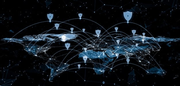 A visual representation of global cybersecurity cooperation, showing interconnected nodes representing different countries sharing threat intelligence and coordinating defensive measures.
