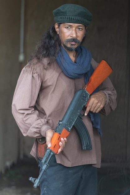 A medium shot of Taliban fighters in a rural Afghan setting, showcasing their weaponry and equipment, with a focus on their determined expressions and tactical positioning within the environment.