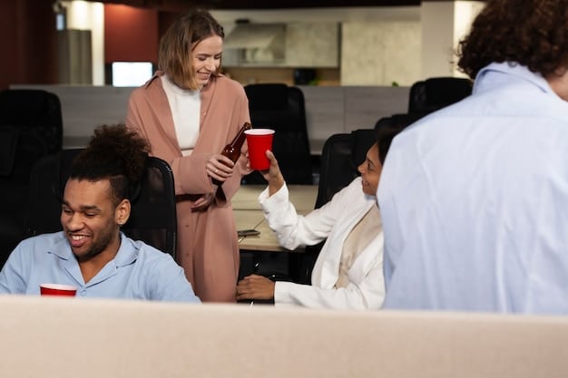 A group of diverse people around a conference table, engaging in a lively discussion with documents and laptops visible. The atmosphere is collaborative and professional, with a focus on international relations.