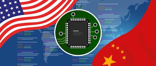 A digital illustration depicting the flags of the United States and China intertwined, symbolizing the complex economic and political relationship between the two countries. The image highlights areas of competition and cooperation.