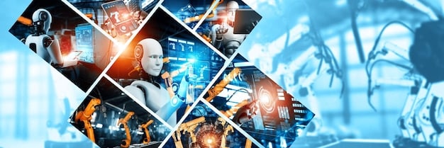 A collage of images representing technological innovation in the US, including a lab with scientists working, wind turbines generating energy, and a modern factory floor with robots. The images convey the importance of technology and innovation for US economic competitiveness.