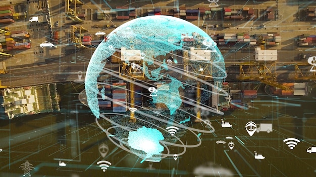 A digital visualization of a supply chain network with nodes representing suppliers, manufacturers, distributors, and customers. The network is overlaid on a world map, highlighting the global nature of supply chains.