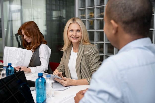 A group of diverse professionals collaborating around a table, discussing legal documents related to labor law compliance, with a modern office setting in the background.
