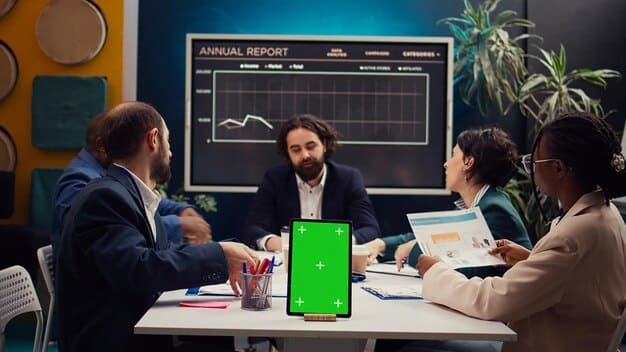 A conference room scene with a team of financial analysts discussing charts and graphs, highlighting strategies for mitigating financial risks.