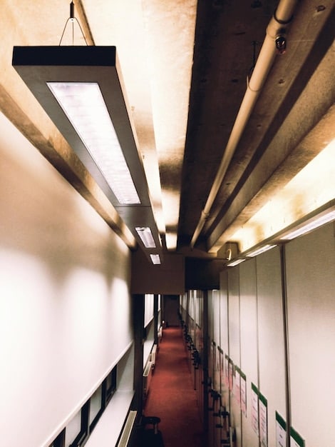 A well-lit office space using natural light combined with energy-efficient LED lighting fixtures, showcasing a bright and productive work environment.