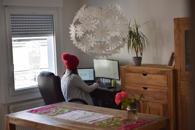 A person working on a laptop at a desk in a home office setting, with a calendar and to-do list visible in the background, symbolizing effective time management and organization while working remotely.