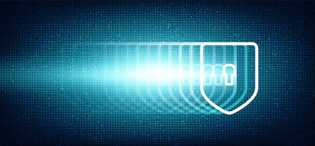A digital shield protecting data with various security icons overlaid. The background features binary code and glowing network lines, representing a robust cybersecurity infrastructure.