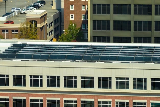 A modern commercial building with solar panels on the roof, showcasing sustainable design and energy efficiency in the real estate sector.