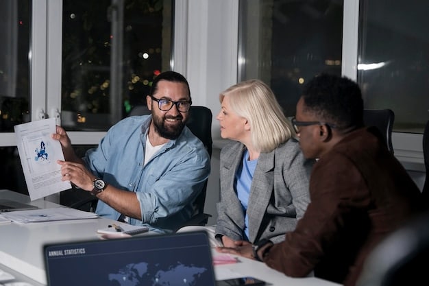 A team of business professionals meeting in a conference room, reviewing financial reports and discussing recession preparedness strategies, illuminated by soft, natural light.