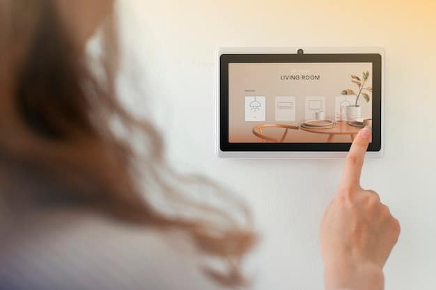 A person's hand using a tablet to control smart thermostats and lighting systems in a modern office space, illustrating the use of technology to optimize energy consumption and reduce waste.