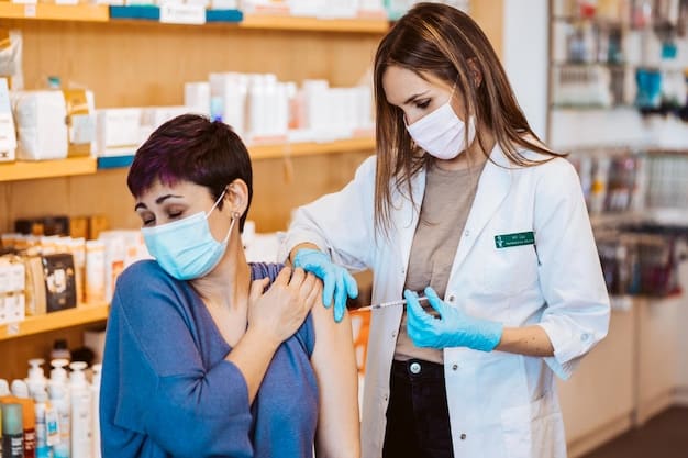 A pharmacist administering a flu shot to a patient in a clean, well-lit pharmacy setting.