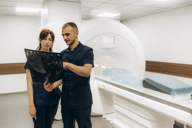 A modern neurology clinic where a doctor is reviewing an MRI scan with a patient and a nurse, all smiling and engaged in the discussion. The clinic has advanced medical equipment and a bright, welcoming atmosphere.