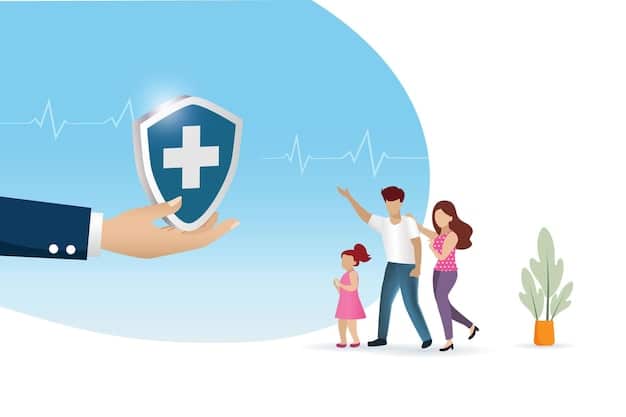 A digital illustration depicting a family happily receiving healthcare services, with a shield symbol representing health insurance protection over them. The illustration has a modern, clean design with pastel colors.