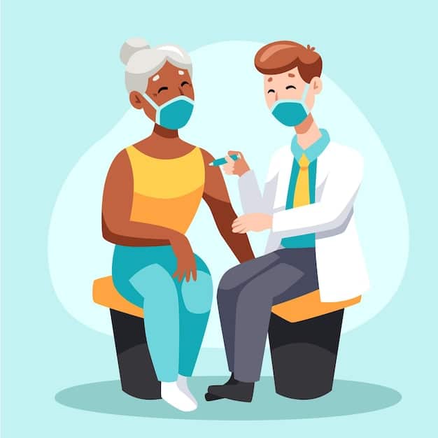 An elderly man receiving a flu shot from a nurse in a clinic setting. The focus is on the friendly interaction and the positive atmosphere surrounding preventative care.