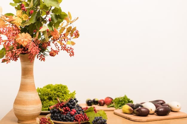 A vibrant display of fresh fruits and vegetables on a wooden kitchen countertop, with a blurred background showing a person preparing a meal, emphasizing healthy eating habits. The lighting is bright and natural.