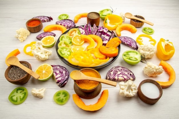 A colorful spread of various fiber-rich foods, such as fruits, vegetables, whole grains, and legumes, alongside fermented foods like yogurt, kimchi, and sauerkraut.