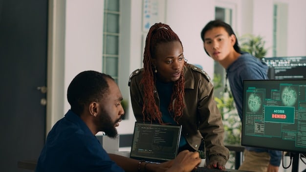 A diverse team collaborating on a cybersecurity project. The focus is on people actively engaged in identifying and addressing potential threats on multiple computer screens.