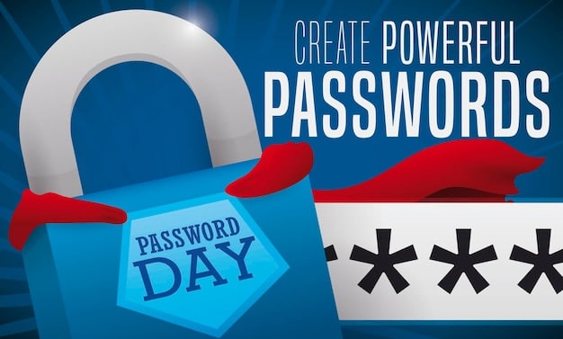 A graphic showing a secure password vault with complex, randomly generated passwords, emphasizing the importance of using password managers. Additional icons represent multi-factor authentication and password strength indicators.