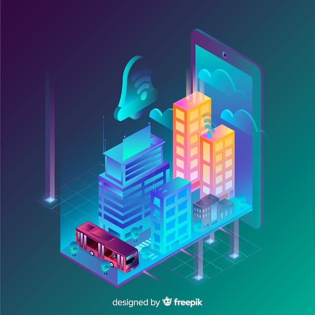An illustration of a smart city with interconnected devices, autonomous vehicles, and smart public transportation, all enabled by 5G technology.