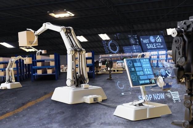 A factory floor with robots and automated systems connected via 5G, showcasing real-time data monitoring and efficient production processes.