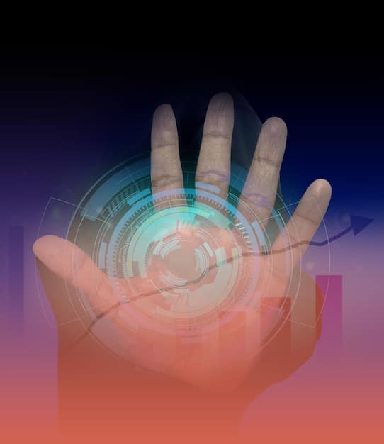 A close-up of a hand interacting with a holographic interface displaying ethical principles and guidelines for AI, such as fairness, transparency, and accountability. The background is a blurred cityscape, symbolizing the real-world impact of AI ethics.