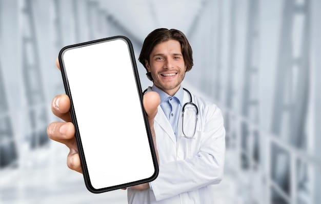 A doctor in a white coat, smiling and holding up a smartphone displaying a patient's vital signs and health data, with a blurred background showing a modern hospital setting and medical equipment.