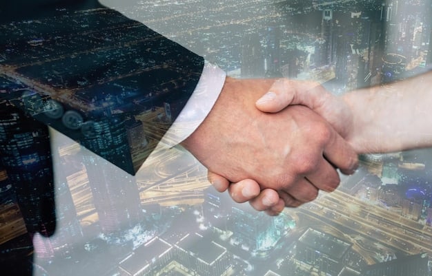 A close-up shot of a handshake between a tech startup founder and a venture capitalist, emphasizing the agreement and financial investment.