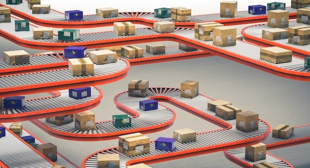 A visual representation of a supply chain network, with each step (manufacturing, shipping, delivery) represented as a block in a blockchain. The blocks are interconnected, highlighting the traceability and transparency offered by the technology.