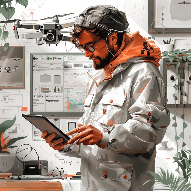 A technician wearing AR glasses and using a tablet to view schematics overlaid onto a complex machine, illustrating AR's use in maintenance and repair.