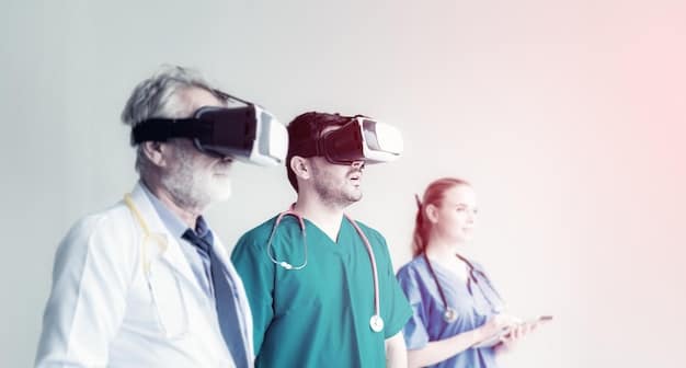 A doctor wearing a VR headset performing a virtual surgery, with holographic interfaces displaying patient data and surgical tools. Two other doctors are observing and assisting the simulation.