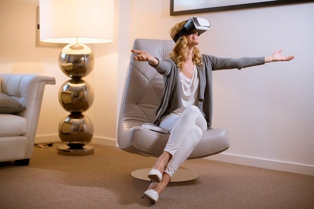 A woman wearing a VR headset while sitting on a couch, experiencing a virtual tour of a house. The VR interface shows a living room with customizable furniture and decorations.