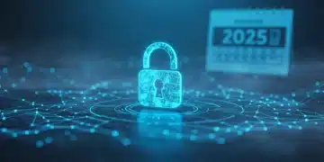 Digital padlock over network lines symbolizing 2025 Cybersecurity Act compliance for businesses.