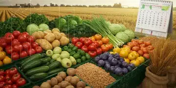 Illustration of diverse fresh produce, economic charts, and a calendar representing the 2025 Farm Bill's impact on food prices.