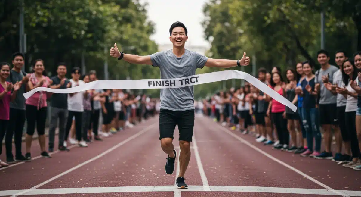 Person crossing finish line, symbolizing successful completion of a major personal goal