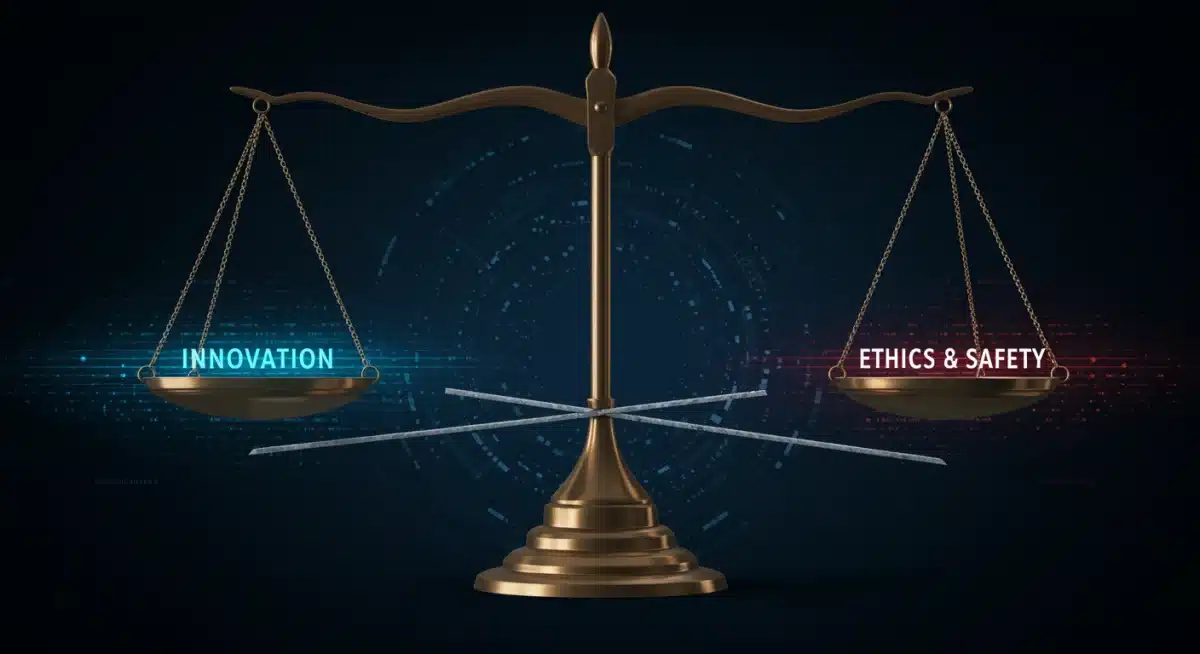 Digital illustration of a balance scale with innovation and ethics in equilibrium
