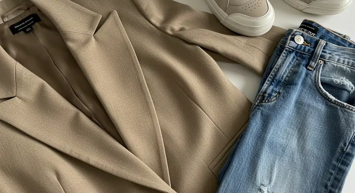 Vintage structured blazer paired with modern graphic tee and jeans.