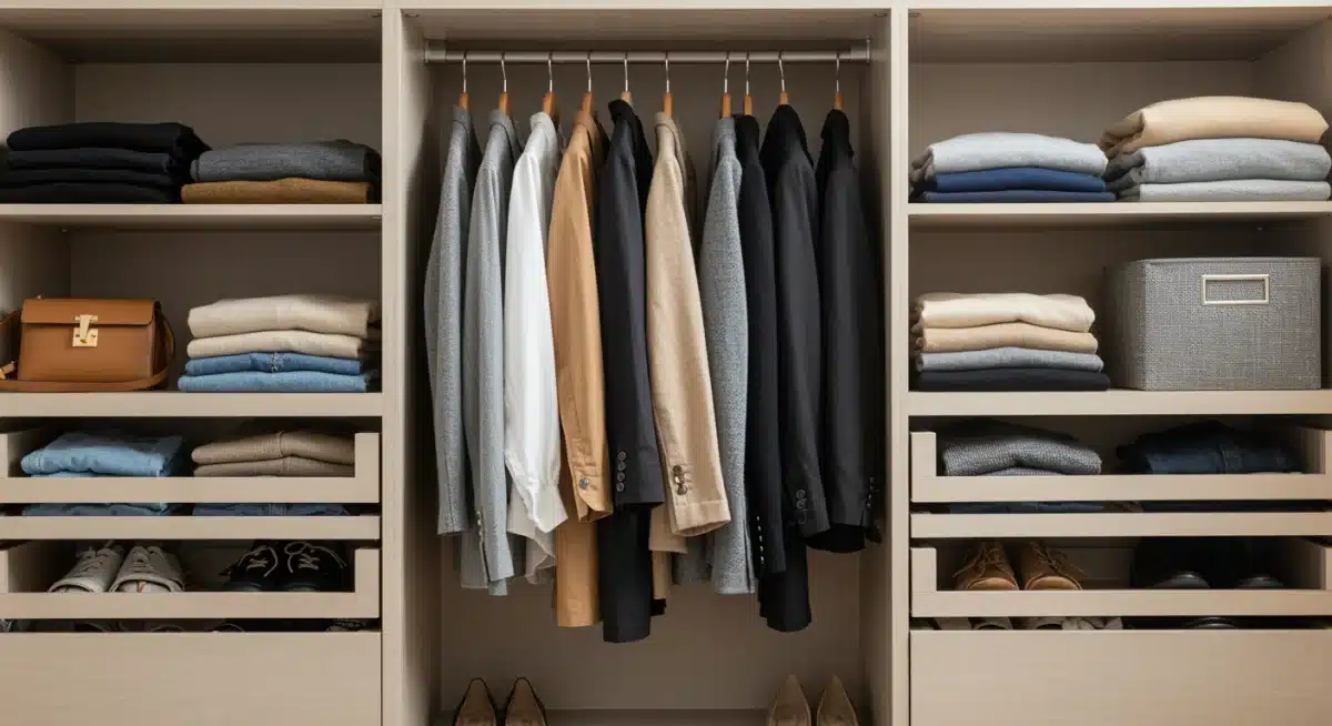Organized capsule wardrobe with versatile, high-quality garments for budget-friendly styling.