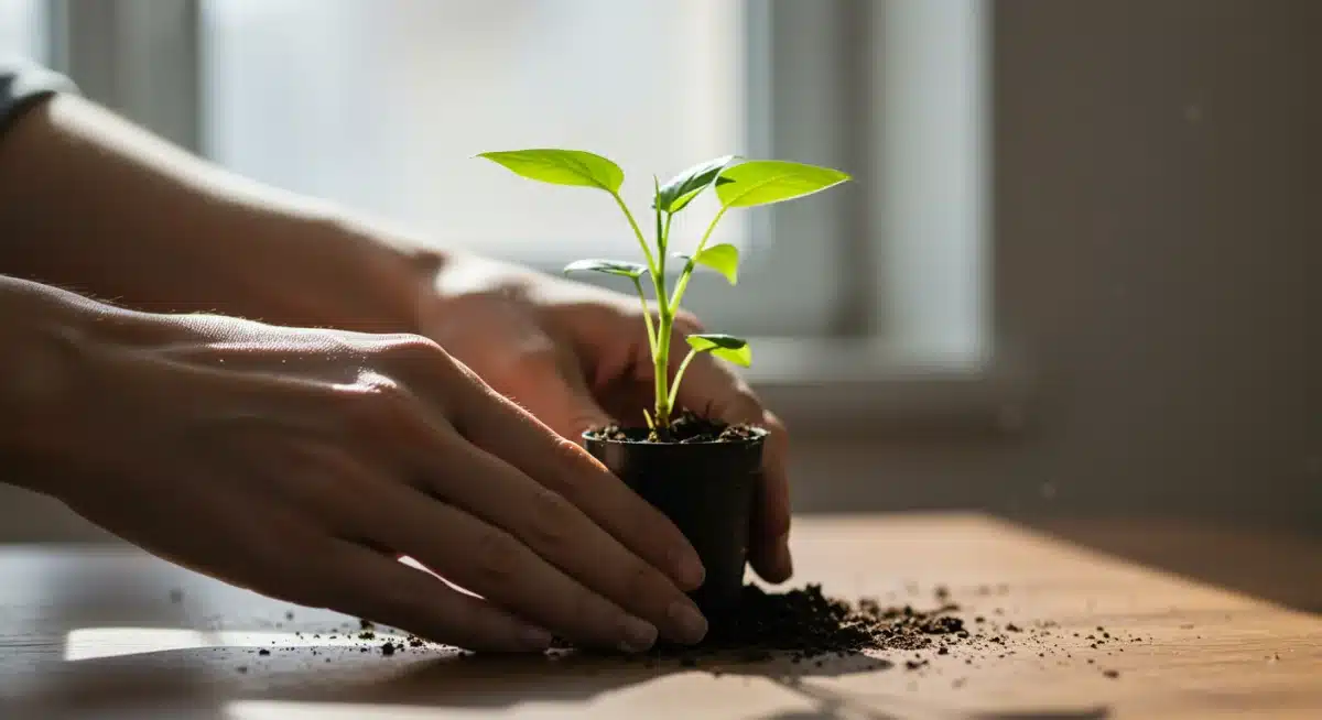 Hands gently watering a small houseplant, fostering a sense of peace